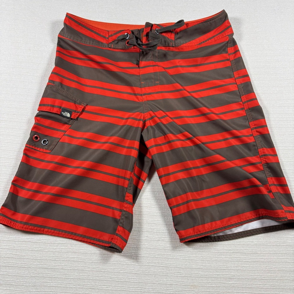 The North Face Mens Striped Board Shorts Orange Grey Swim Trunks Size 32